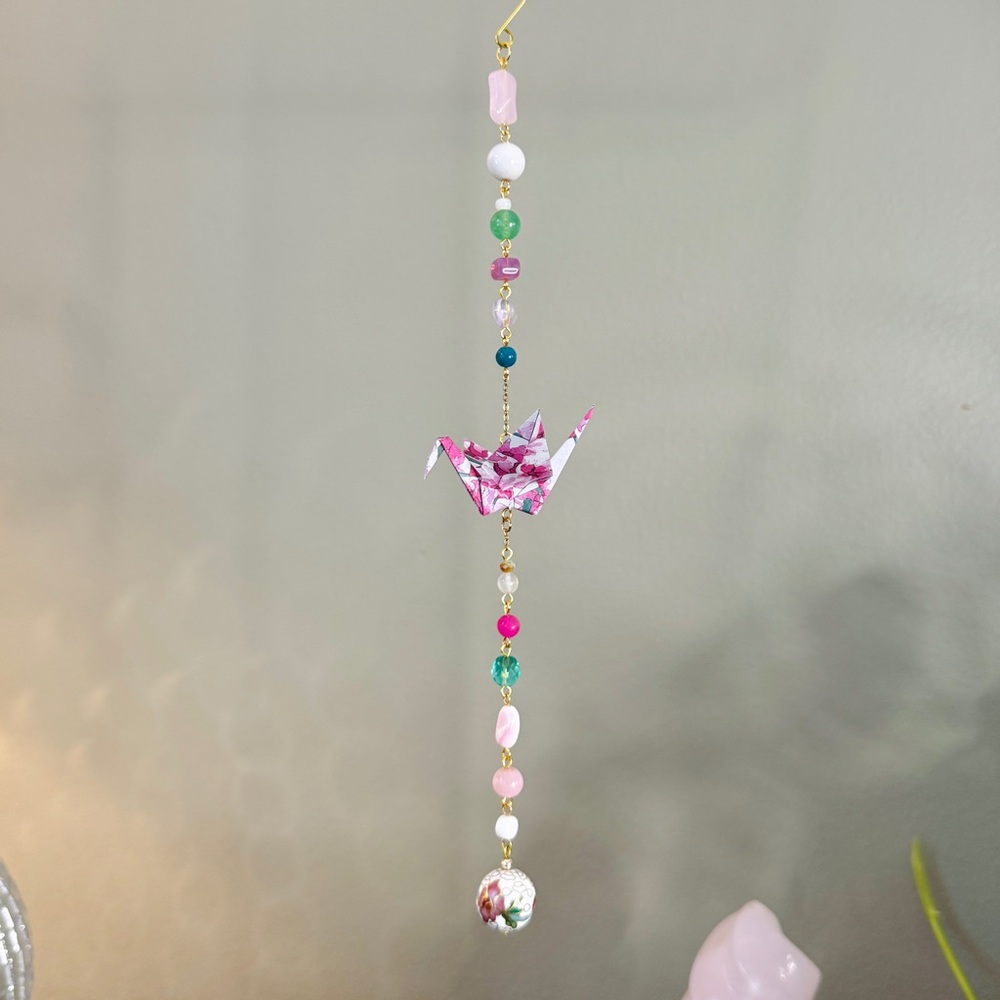 Origami Ornament #2413 - Small Crane with Cloissoné Bead Pendant